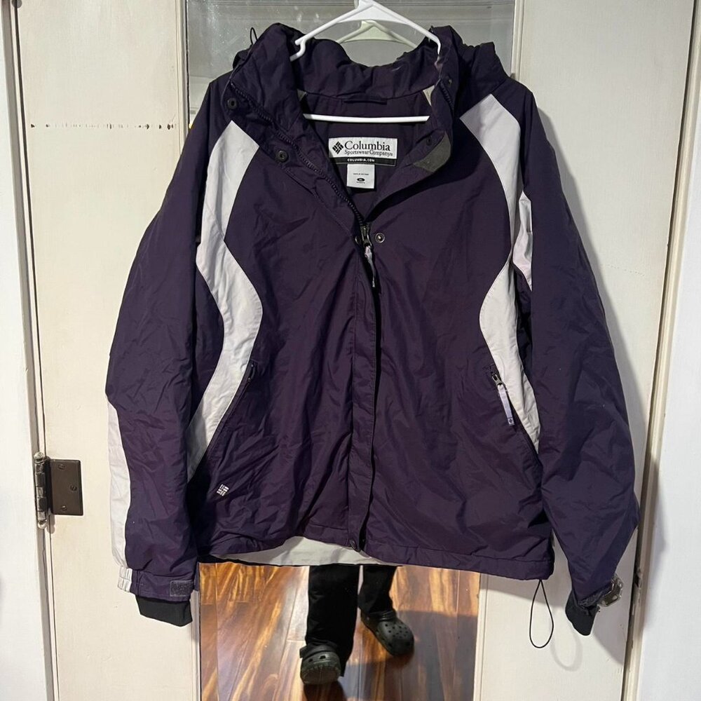 Purple and white Columbia waterproof ski jacket